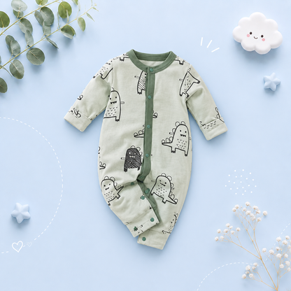 The Christian - Baby Boy Green Dinosaur Print Long Sleeved Jumpsuit