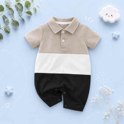 The Jonathan - Baby Boy Casual Solid Color Patchwork Cotton Short Sleeved Jumpsuit