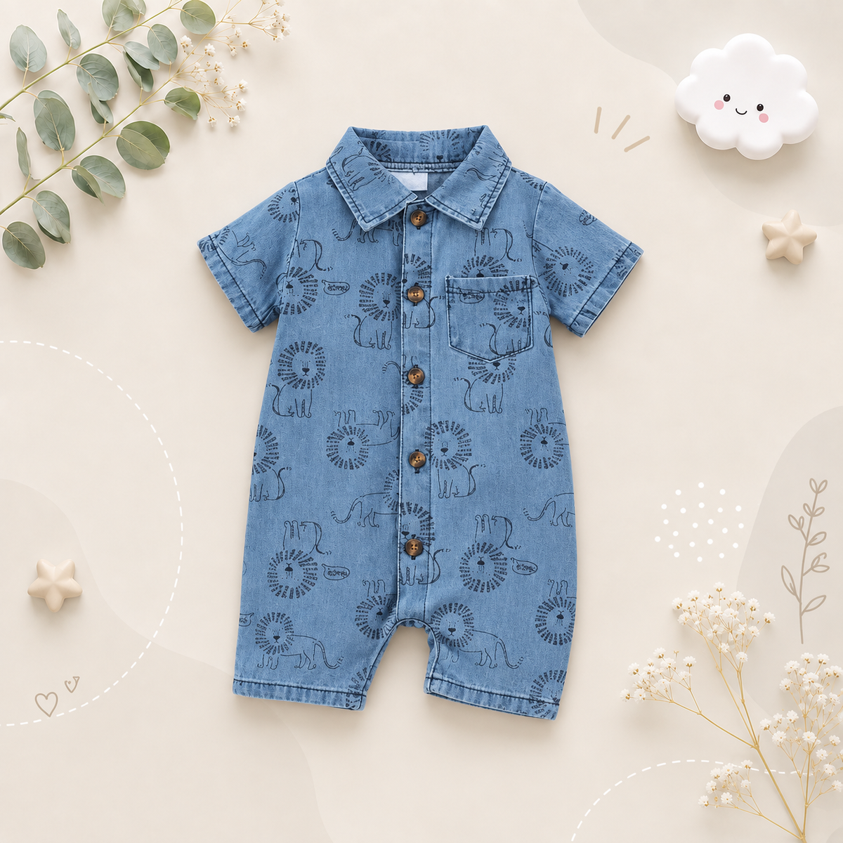The Malachi - Baby Unisex Single Breasted Short Sleeve Lion Print Collar Polo