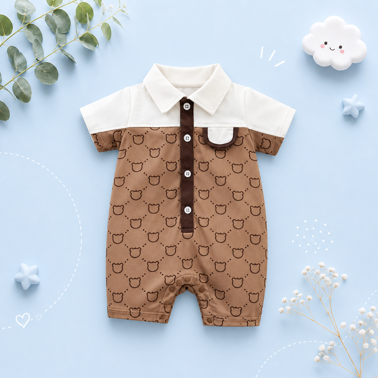 The Dawson - Baby Boy Cartoon Patchwork Bear Khaki Short Sleeved Jumpsuit