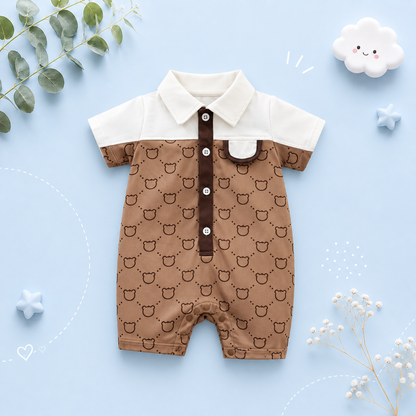 The Dawson - Baby Boy Cartoon Patchwork Bear Khaki Short Sleeved Jumpsuit