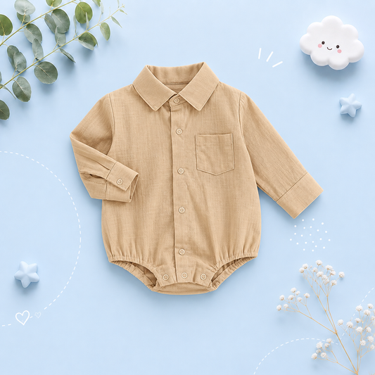 The Alan - Baby Boy Solid Long Sleeve Lapel Button Down Jumpsuit