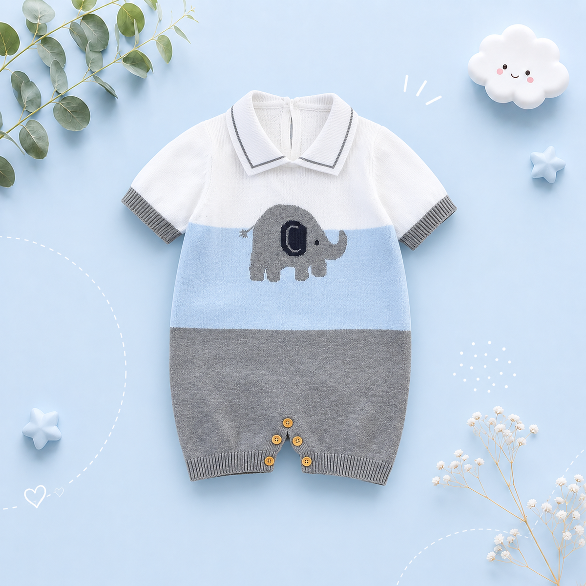 The Griffin - Baby Unisex Elephant Knitted Collar Short Sleeve Romper