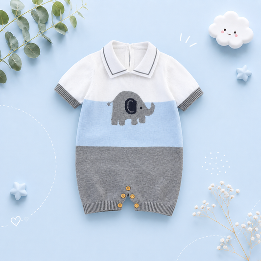 The Griffin - Baby Unisex Elephant Knitted Collar Short Sleeve Romper