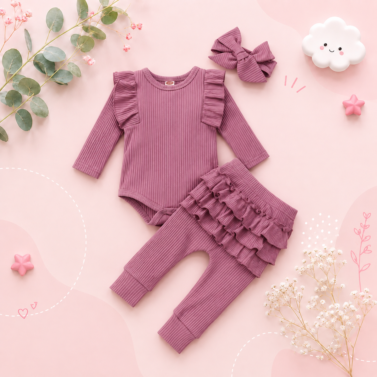 The Amy - Baby Girl Long Sleeve Ruffle Romper Bodysuits + Pants + Bow Headband
