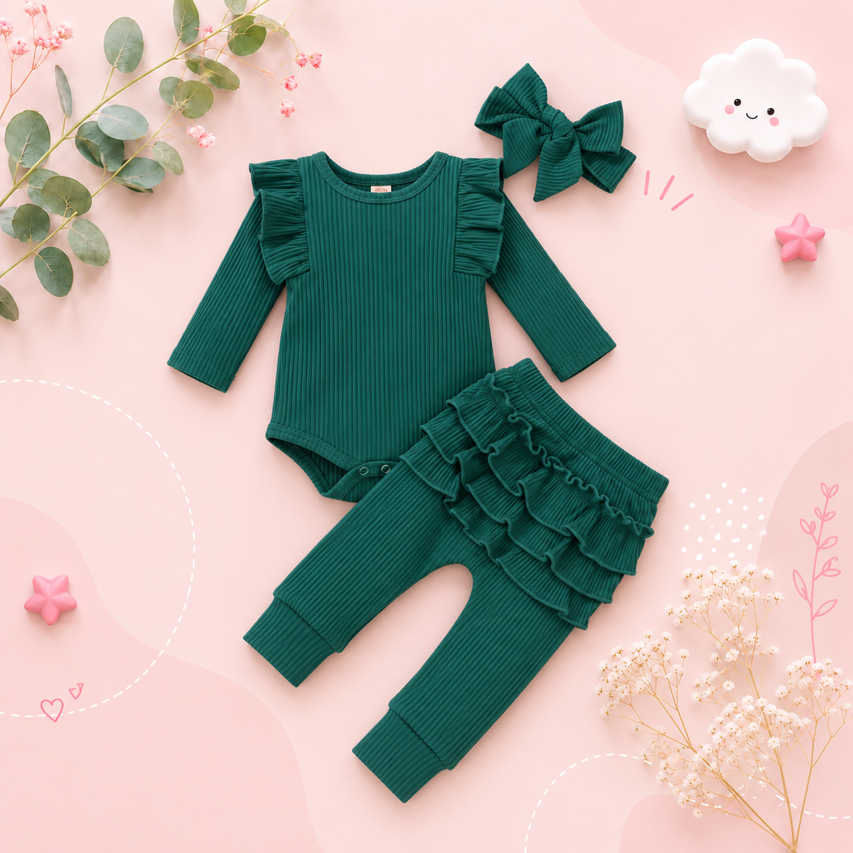 The Amy - Baby Girl Long Sleeve Ruffle Romper Bodysuits + Pants + Bow Headband