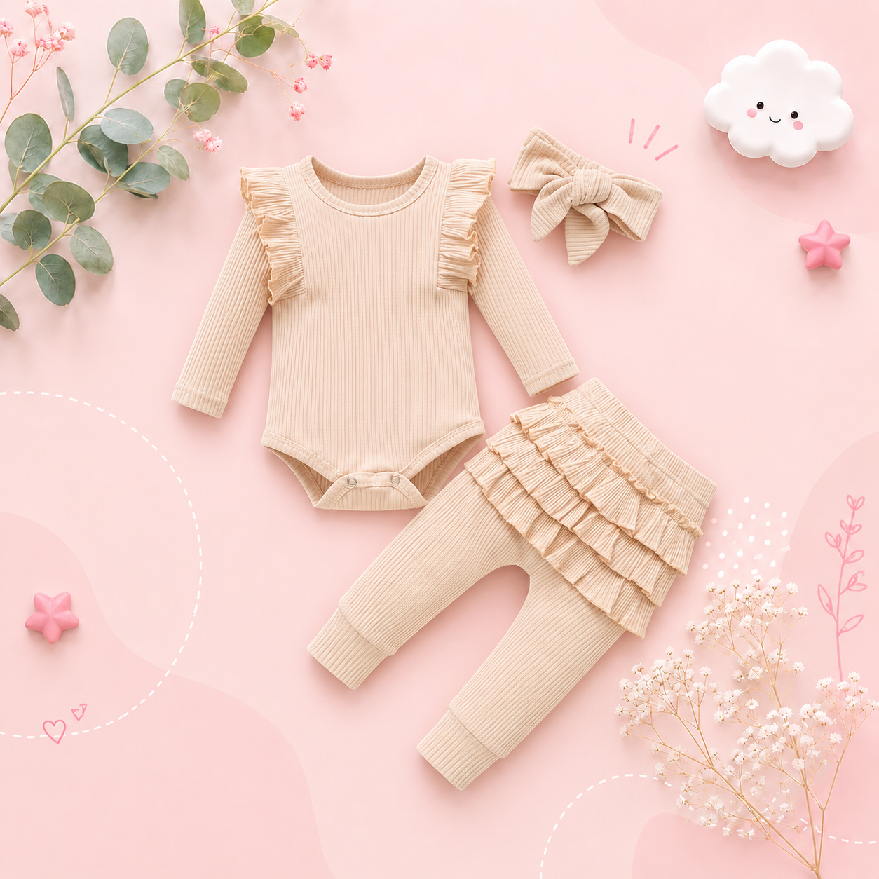 The Amy - Baby Girl Long Sleeve Ruffle Romper Bodysuits + Pants + Bow Headband