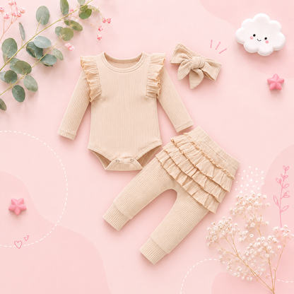 The Amy - Baby Girl Long Sleeve Ruffle Romper Bodysuits + Pants + Bow Headband