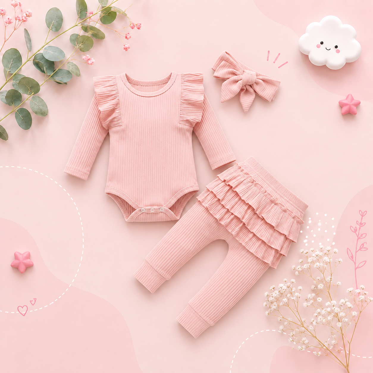 The Amy - Baby Girl Long Sleeve Ruffle Romper Bodysuits + Pants + Bow Headband