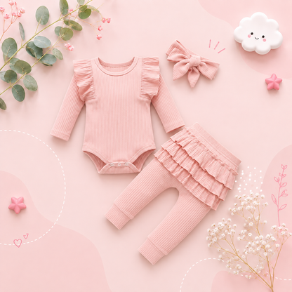 The Amy - Baby Girl Long Sleeve Ruffle Romper Bodysuits + Pants + Bow Headband