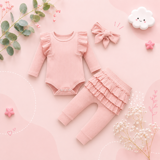 The Amy - Baby Girl Long Sleeve Ruffle Romper Bodysuits + Pants + Bow Headband