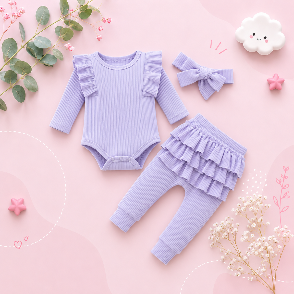 The Amy - Baby Girl Long Sleeve Ruffle Romper Bodysuits + Pants + Bow Headband