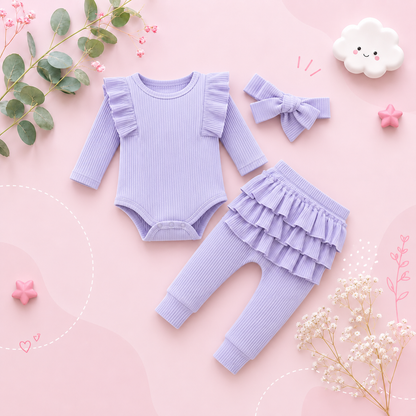 The Amy - Baby Girl Long Sleeve Ruffle Romper Bodysuits + Pants + Bow Headband