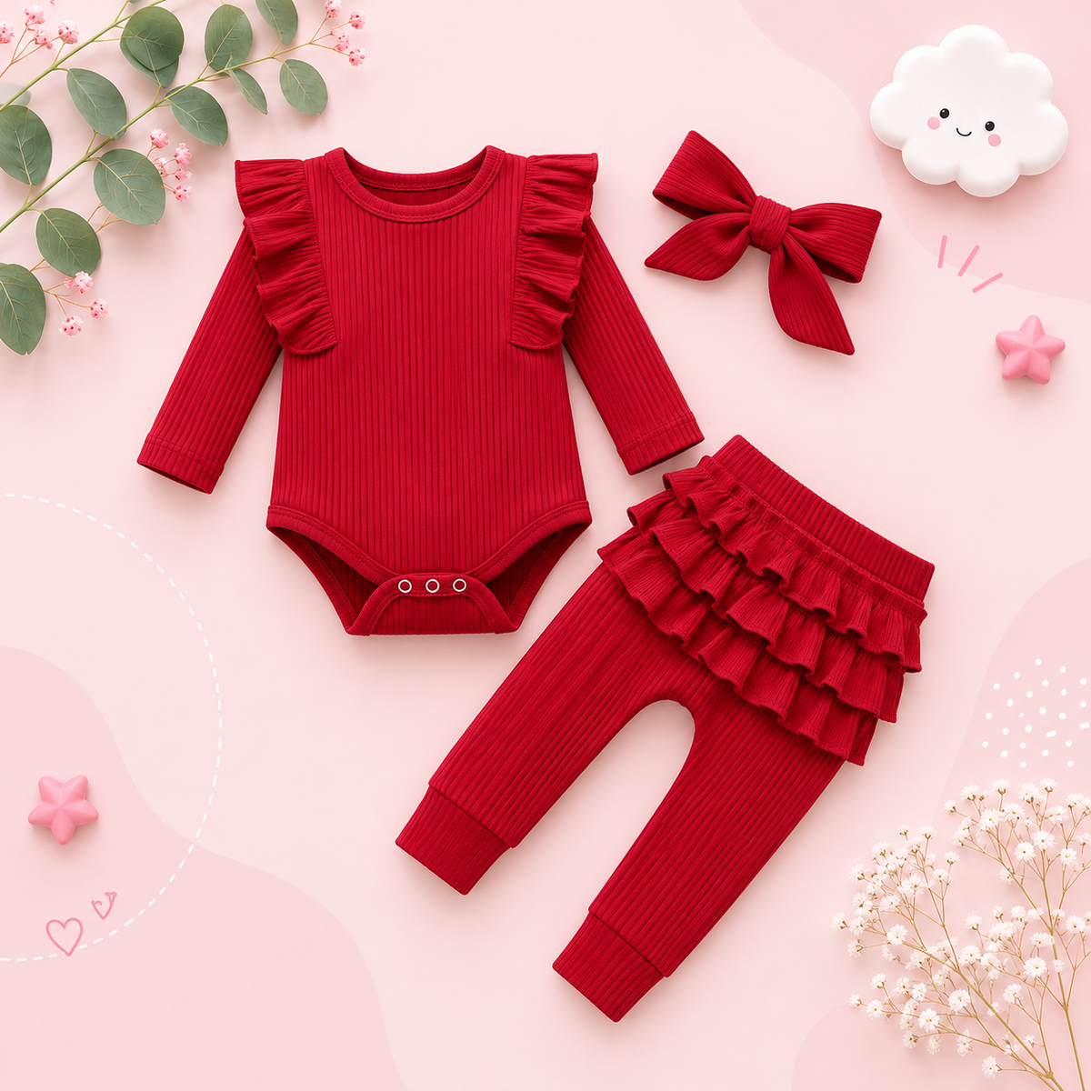 The Amy - Baby Girl Long Sleeve Ruffle Romper Bodysuits + Pants + Bow Headband