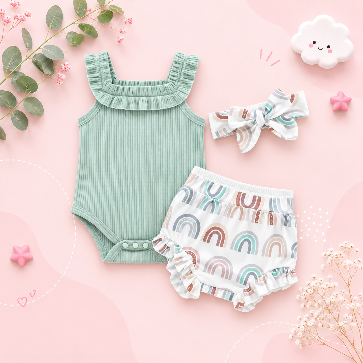 The Georgia - Baby Girl Sleeveless Romper + Flower/Rainbow/Butterfly Print Shorts + Hairband