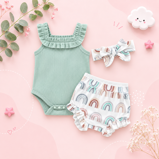 The Georgia - Baby Girl Sleeveless Romper + Flower/Rainbow/Butterfly Print Shorts + Hairband