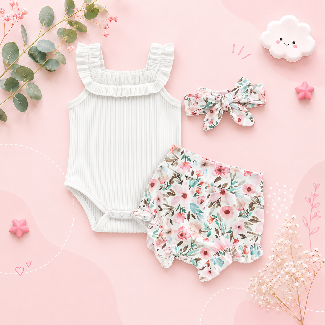 The Georgia - Baby Girl Sleeveless Romper + Flower/Rainbow/Butterfly Print Shorts + Hairband