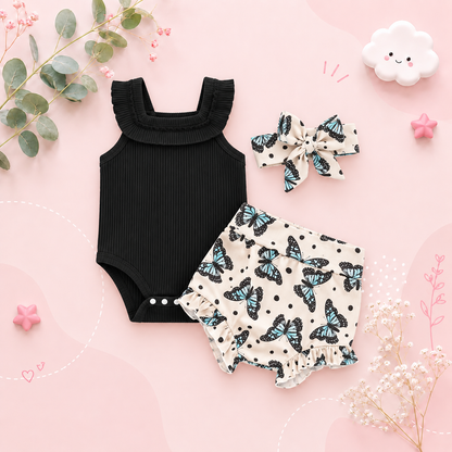 The Georgia - Baby Girl Sleeveless Romper + Flower/Rainbow/Butterfly Print Shorts + Hairband