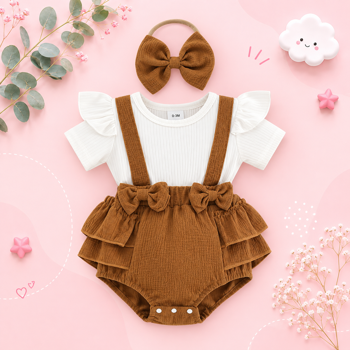 The Khloe - Baby Girl Brown Ruffle Long Sleeve Plaid Romper & Headband