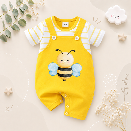 The Salem - Newborn Baby Bee Print Fake Two Piece Romper Short Sleeve Summer Outfit