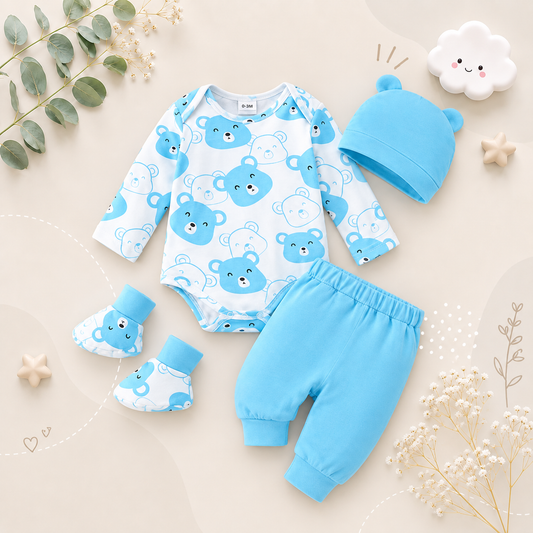 The Fabian - Baby Unisex Light Blue Little Bear Long Sleeve Bodysuit + Pants + Hat + Socks 4pcs Outfit Set