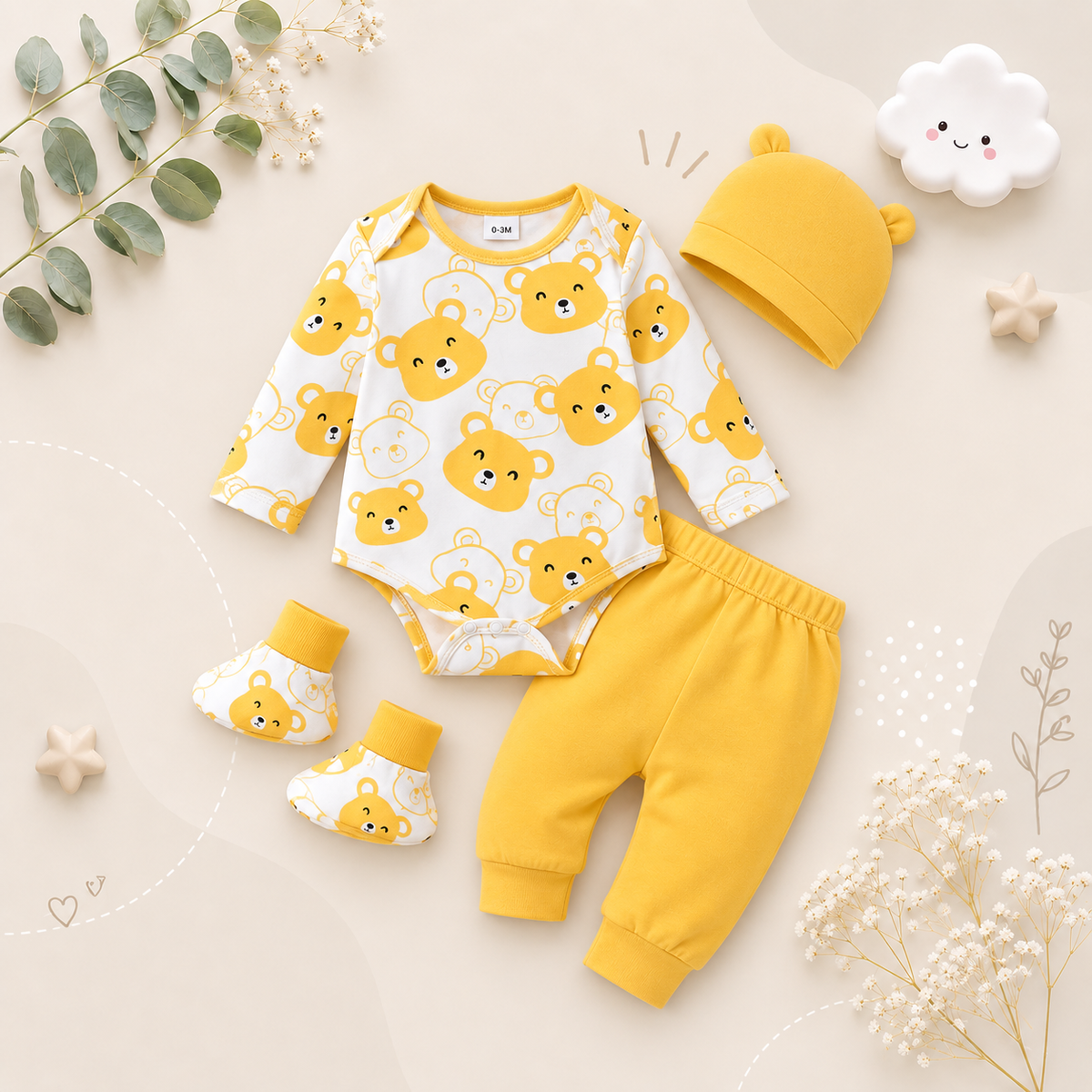 The Fabian - Baby Unisex Yellow Little Bear Long Sleeve Bodysuit + Pants + Hat + Socks 4pcs Outfit Set