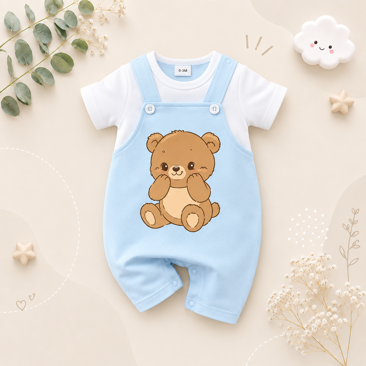 The Otis - Newborn Baby Bear Print Romper Short Sleeve Summer Outfit Fake Two Piece