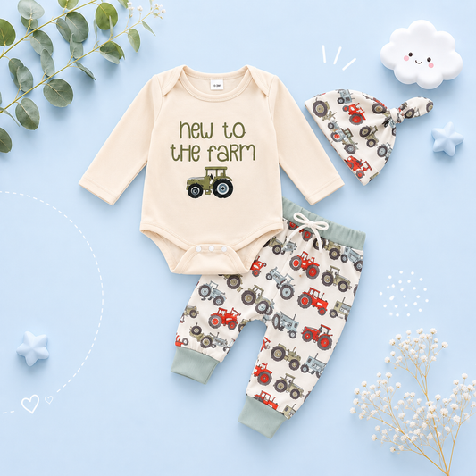 The Tanner - Baby Boy "New To The Farm" Print Tractor Long Sleeve Embroidery Romper