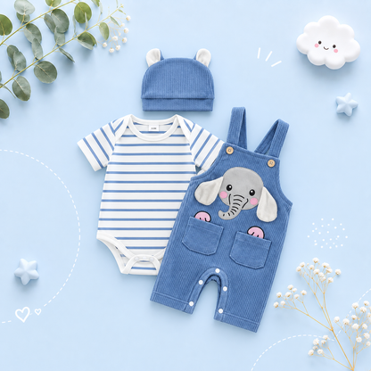 The Nathanael - Baby Boy 3PCS Striped Romper Overall Pants & Hat Summer Outfit