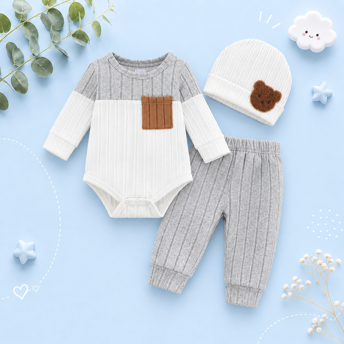 The Sutton - Baby Boy Gray Long Sleeved Color Blocked Bodysuit + Gray Pants + Hat Outfit Set