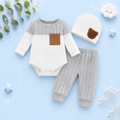 The Sutton - Baby Boy Gray Long Sleeved Color Blocked Bodysuit + Gray Pants + Hat Outfit Set