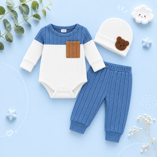 The Sutton - Baby Boy Blue Long Sleeved Color Blocked Bodysuit + Gray Pants + Hat Outfit Set