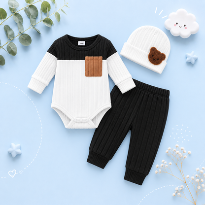 The Sutton - Baby Boy Black Long Sleeved Color Blocked Bodysuit + Gray Pants + Hat Outfit Set