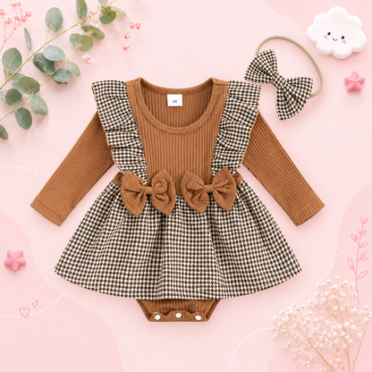 The Gemma - Baby Girl Long Sleeve Ruffle Houndstooth Print Patchwork Romper With Headband