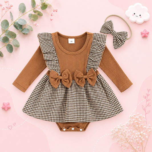 The Gemma - Baby Girl Long Sleeve Ruffle Houndstooth Print Patchwork Romper With Headband
