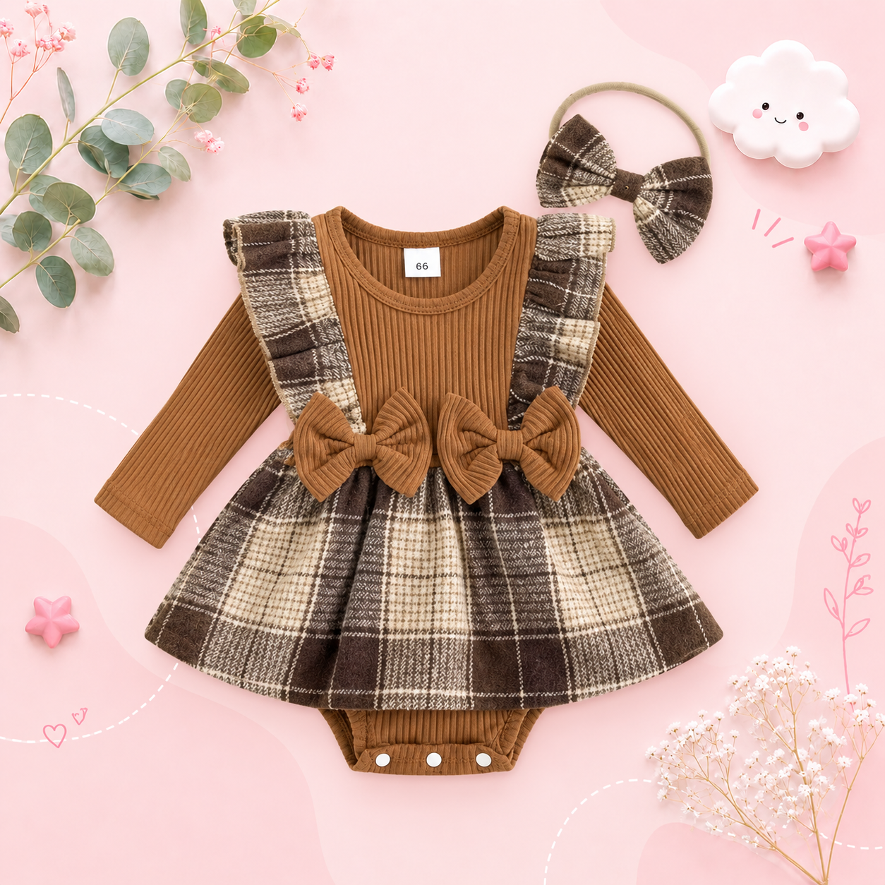 The Gemma - Baby Girl Long Sleeve Ruffle Houndstooth Print Patchwork Romper With Headband