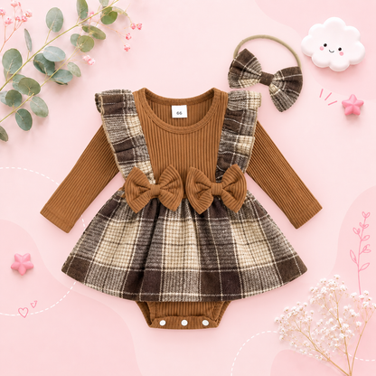 The Gemma - Baby Girl Long Sleeve Ruffle Houndstooth Print Patchwork Romper With Headband