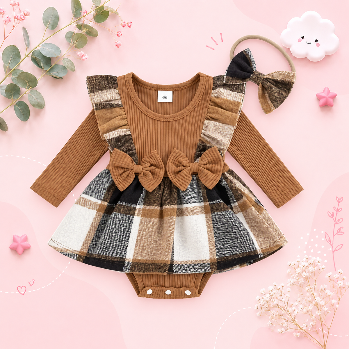 The Gemma - Baby Girl Long Sleeve Ruffle Houndstooth Print Patchwork Romper With Headband