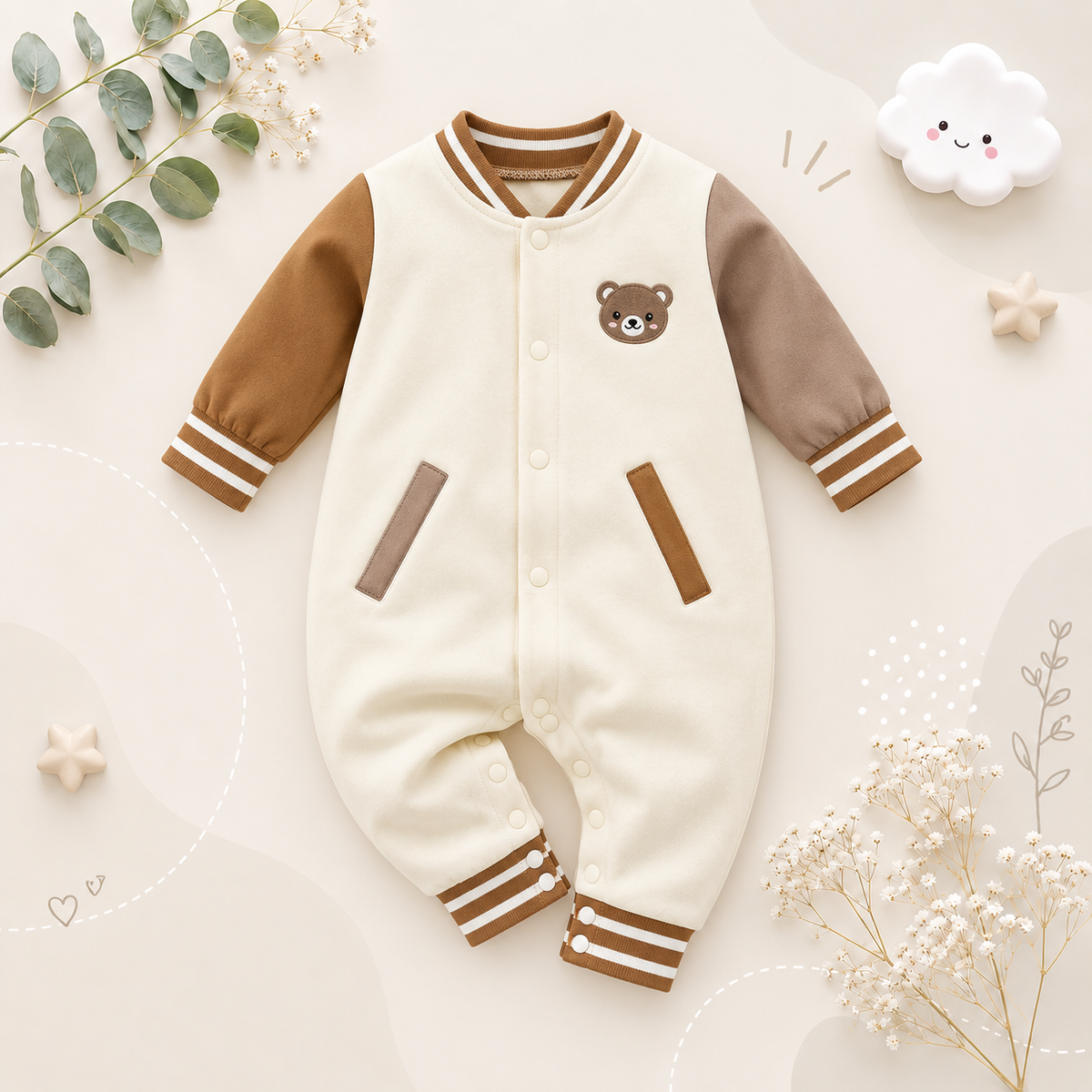 The Ryland - Unisex Baby Teddy Bear Embroidered Baseball Romper Long Sleeve Spring Autumn One Piece Outfit