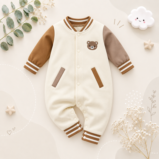 The Ryland - Unisex Baby Teddy Bear Embroidered Baseball Romper Long Sleeve Spring Autumn One Piece Outfit