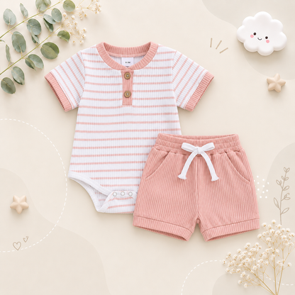 The Morrie - Unisex Baby 2PCS Ribbed Striped Short Sleeve Romper & Shorts Summer Set