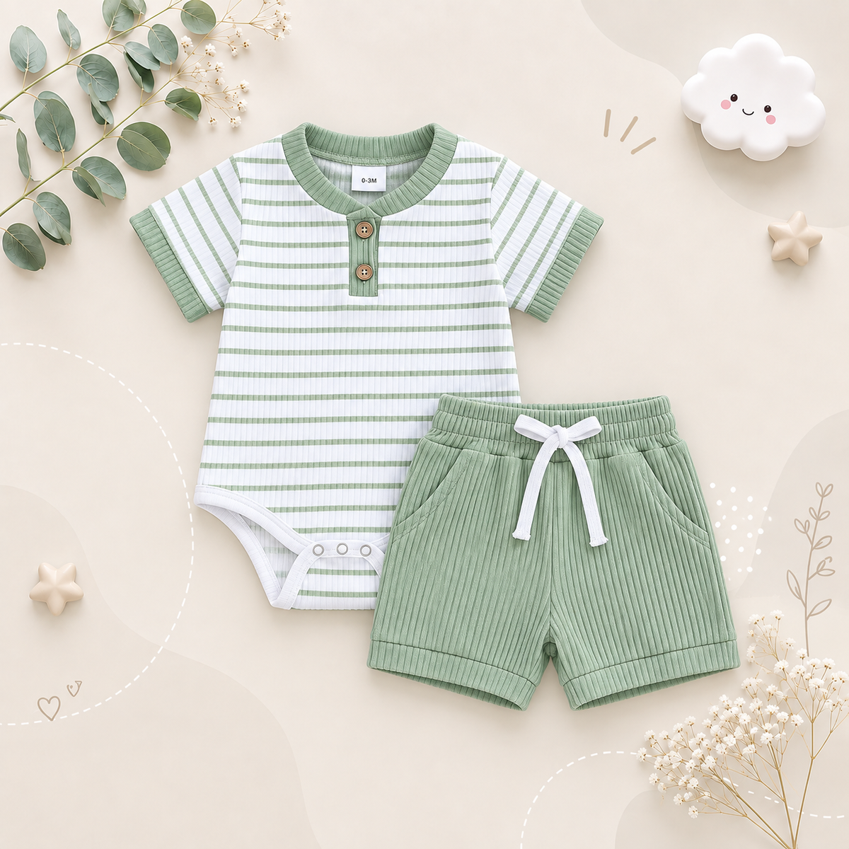 The Morrie - Unisex Baby 2PCS Ribbed Striped Short Sleeve Romper & Shorts Summer Set