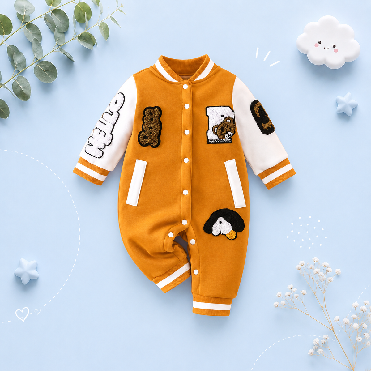 The Duke - Baby Boy Fleece-Lined Baseball Romper Bear & Penguin Embroidered Long Sleeve Autumn Winter Outfit