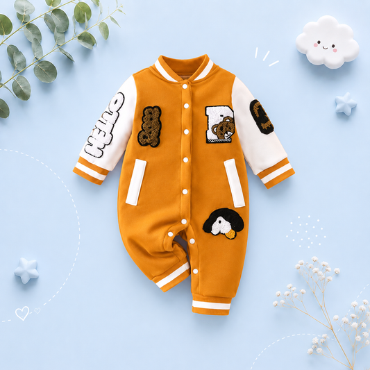 The Duke - Baby Boy Fleece-Lined Baseball Romper Bear & Penguin Embroidered Long Sleeve Autumn Winter Outfit