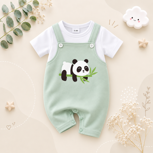 The Gerardo - Newborn Baby Panda Bamboo Print Fake Suspender Romper Summer Outfit
