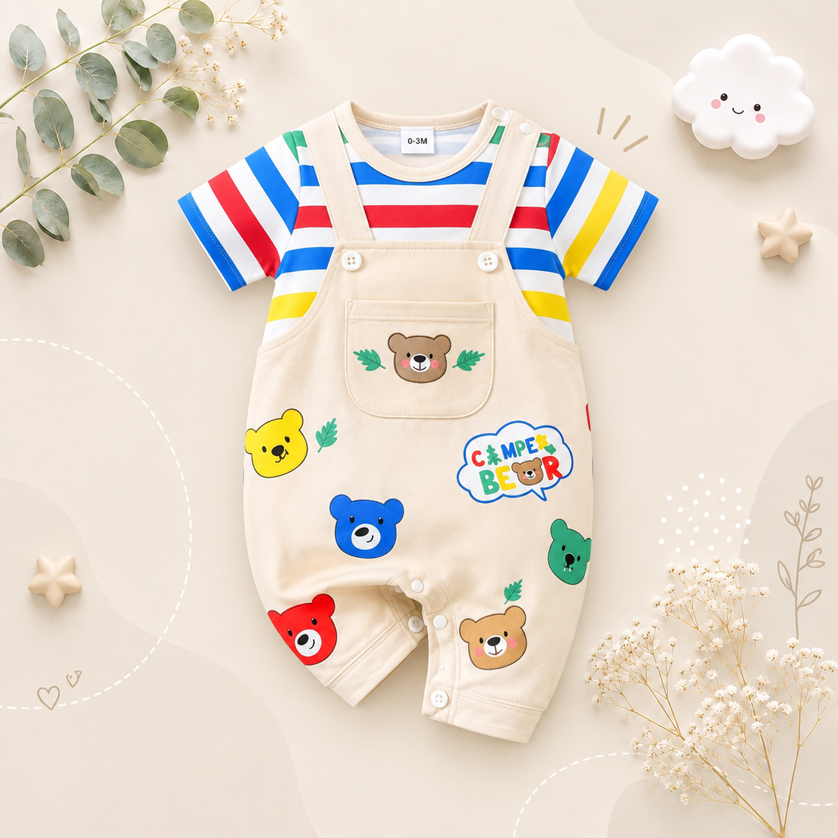 The Trevor - Newborn Baby Bear Print Rainbow Suspender Romper Short Sleeve Outfit