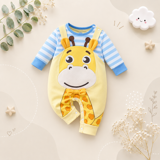 The Omari - Baby Giraffe Print Cotton Long Sleeve Romper Spring Autumn Faux Two Piece Outfit