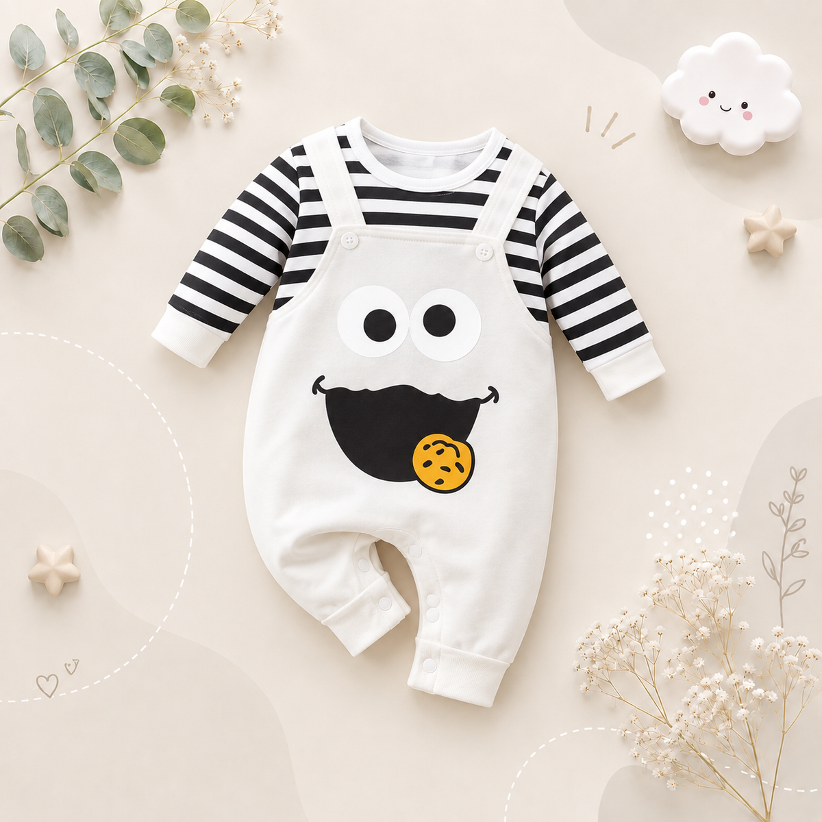 The Westin - Baby Funny Face Print Long Sleeve Faux Two Piece Romper Spring Autumn Outfit