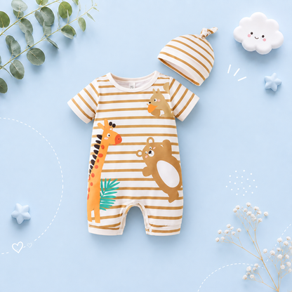 The Wylder - Newborn Baby Boy Animal Print Striped Romper Hat Set Summer