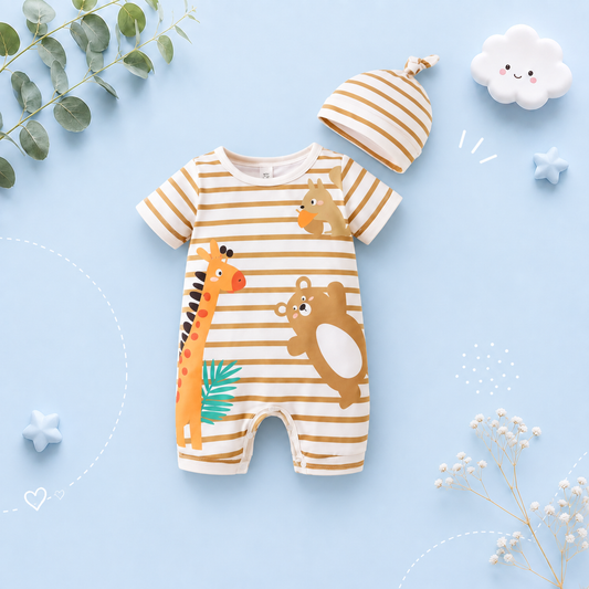 The Wylder - Newborn Baby Boy Animal Print Striped Romper Hat Set Summer